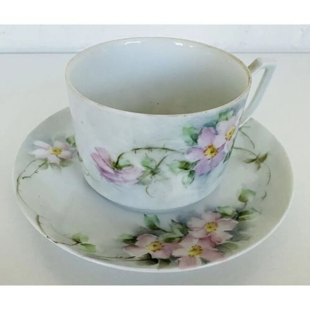 Vintage Hand Painted Pink‎ Flowers Tea Cup & Saucer Set No Marks See Photo S